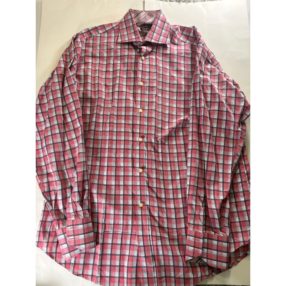 Neiman Marcus Mens Plaid Button Down Shirt Pink Blue Large